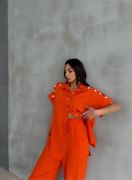 OMUZ MİDYE SIRALI BLUZ - PAÇA PENSLİ PANTOLON TAKIM - Orange resmi